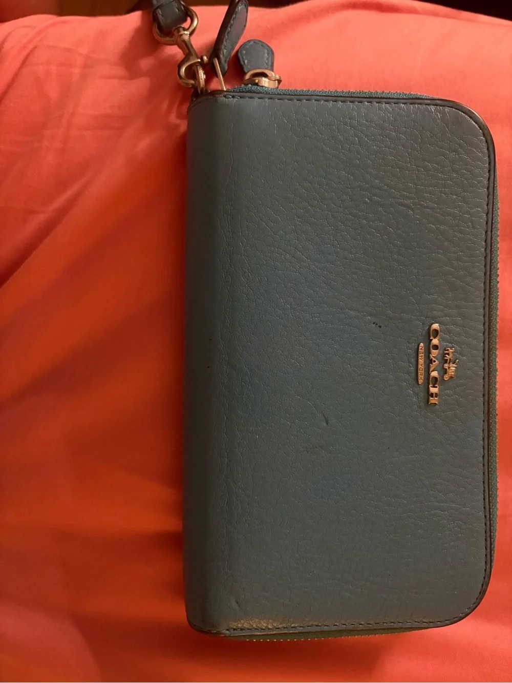 Coach Teal Leather Zip Wristlet Wallet with Gold Hardware